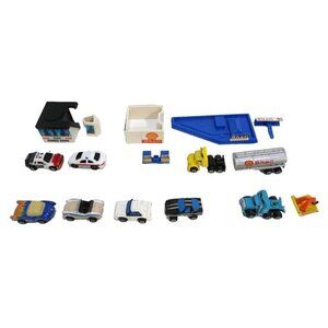 MICRO MACHINES set of 16 tiny toy vehicles, buildings Shell tanker & police cars